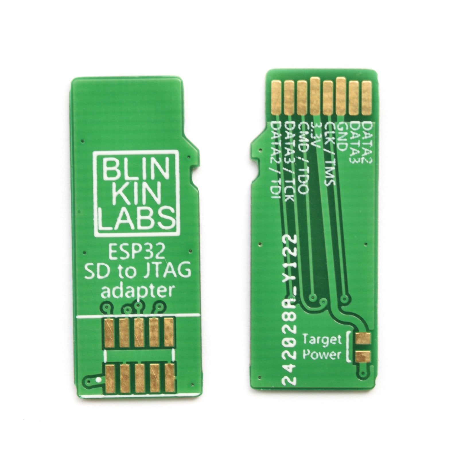 Top and bottom views of the adapter PCB. On the top is a footprint  for an 1.27" ARM Cortex adapter, and on the back is a set of pads for connecting to the microSD card slot, along with a jumper for bridging between the target power and the jtag power.