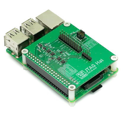 Photo of JTAG hat attached to a Raspberry Pi